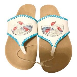 Jack Rogers blue whipstitch trim embroidered red fish white thong flats size 9.5